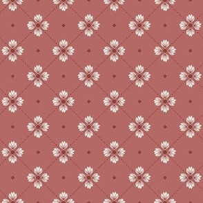 Simone: Dusty Red Tiled Floral, Small Scale Clay Red Diagonal Botanical