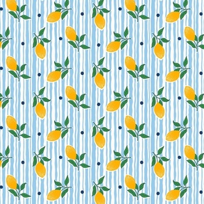 (M) _ Yellow Lemon Branches on Blue Wavy Stripes and Navy Polka Dots Over Creme White