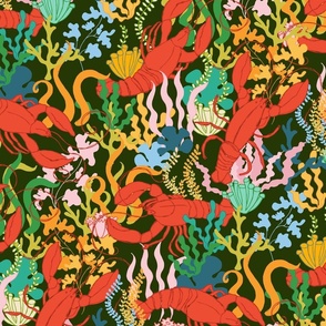 (L) _ Red Lobsters and Colorful Corals on Dark Green