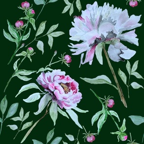 Large Dark Green White Flowers / Pink Peonies / Watercolor Wallpaper