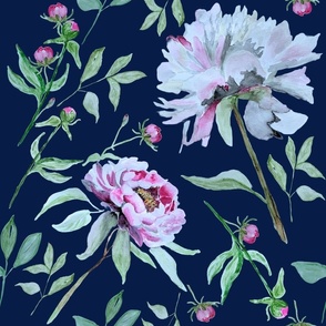 Large Pink Flowers on Navy Blue / White Peony / Watercolor / Leaves