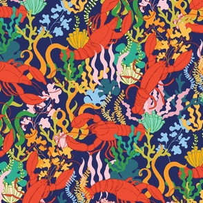 (L) _ Red Lobsters and Colorful Corals on Navy Blue