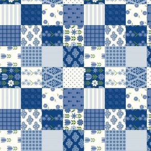 Patchwork Cheater Quilt Cream and Blue Floral Garden Blocks 2 1/2" blocks - rotated for fabric length