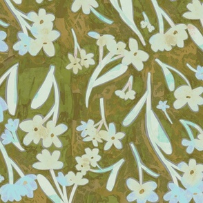 Impressionist inspired Forget Me Not Flowers on Green and Gold Painted Marble Textured Background