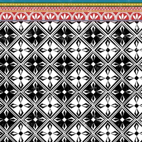 Jaipur block print black on white with colorful horizontal border