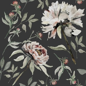 Large Vintage Flowers on Grey / White and Charcoal / Watercolor