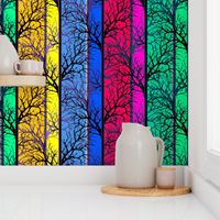 bright vertical striped neon pattern with black tree branches