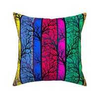 bright vertical striped neon pattern with black tree branches