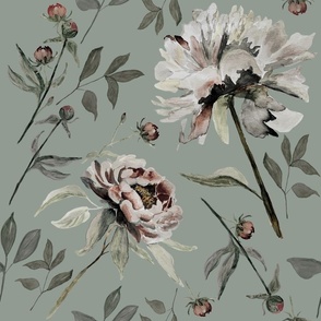 Large Vintage Flowers / Sage Green / Watercolor / Peony Wallpaper