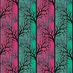pink green vertical striped pattern with black tree branches 