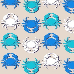 Four crabs white blue sand creamy coastal