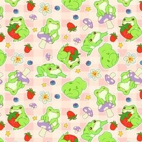 Kawaii Froggy Mushroom Picnic on Blush Gingham