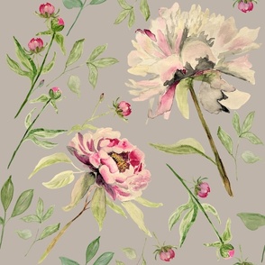 Large Warm Pink Peony Flowers on Beige / Watercolor