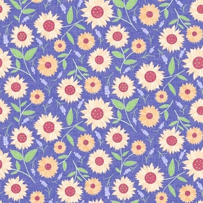 Sunflowers and lavender on blue linen
