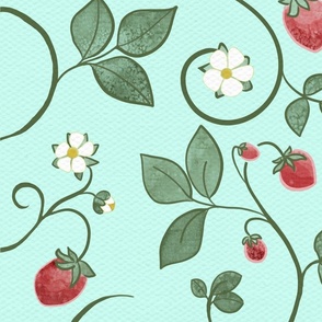 Strawberries on the Vine with Leaves and White Blooms on Aqua  Linen Large Scale