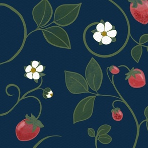 Strawberries on the Vine with Leaves and White Blooms on Navy Linen Large Scale