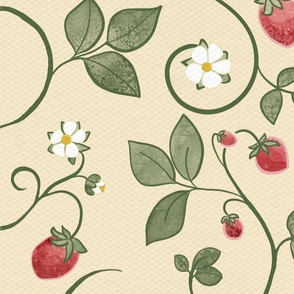 Strawberries on the Vine with Leaves and White Blooms on Cream Linen Large Scale