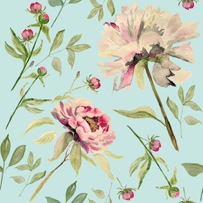 Large Flowers on Mint / Green / White Nostalgic Peonies / Watercolor