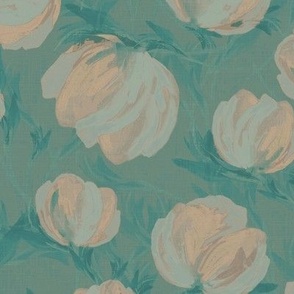 Romantic Peach Teal Painted Floral, Moody Bedroom Apartment Living, Maximalist Pastel Peach Floral Blooms, Scattered Living Room Garden Floral, Garden Floral, Artistic Painterly Flowers, Decorative Opulent Bohemian Tulips, Fashionable Floral Fine Art Tuli