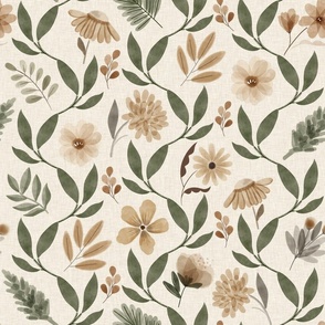 Floral and Greenery on Linen Wallpaper and Fabric / Oversized
