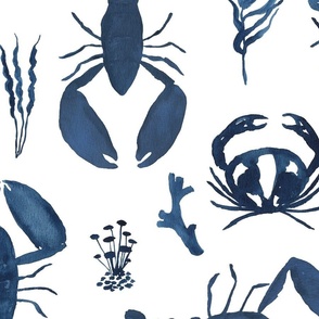 large - Three lobsters and a crab - watercolor indigo blue on white