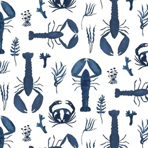 medium - Three lobsters and a crab - watercolor indigo blue on white