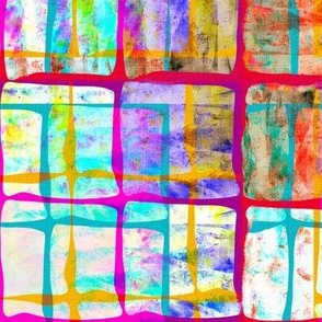 12” repeat paint party aberrated painterly checks in multi colours, pink, turquoise, yellow with faux burlap texture