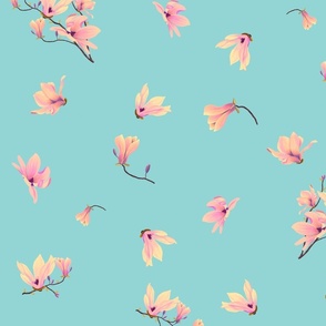 Peach Magnolia Flowers on Blue