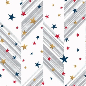 Gold, red, blue stars on a gray and white zigzag background.