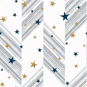 Gold, blue stars on a gray and white zigzag background.