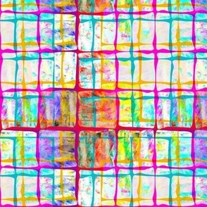 6” repeat paint party aberrated painterly checks in multi colours, pink, turquoise, yellow with faux burlap texture