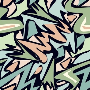 Abstract pattern. Blue, green, beige doodles on a black background.