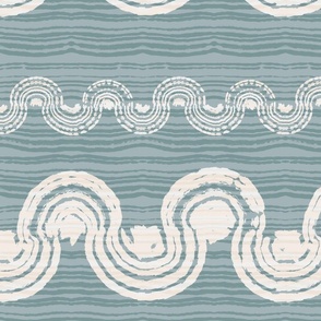 (L) Cottage Beach Waves Boho Coastal Stripes and Arches in Serenity Blue