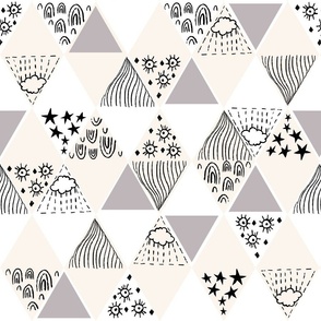 Whimsical Weather, Rainbows, Clouds, Sunshine, Minimal Line Drawings of Weather Elements, with Triangles and Diamonds  - Black and White, Gray, and Warm Cream