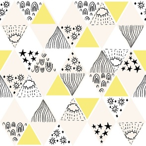 Whimsical Weather, Rainbows, Clouds, Sunshine, Minimal Line Drawings of Weather Elements, with Triangles and Diamonds  - White, Lemon Yellow, and Warm Cream