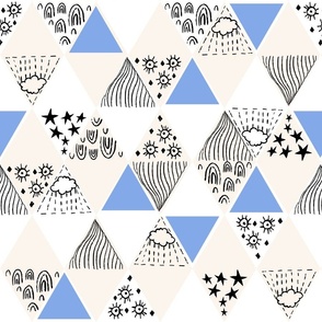 Whimsical Weather, Rainbows, Clouds, Sunshine, Minimal Line Drawings of Weather Elements, with Triangles and Diamonds  - Black and White, Cobalt Blue, and Warm Cream