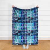 24” repeat Frozen ice party themed abstract grid aberrated in icy blues, turquoise and magenta with faux burlap woven texture