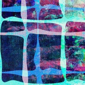 24” repeat Frozen ice party themed abstract grid aberrated in icy blues, turquoise and magenta with faux burlap woven texture