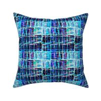 6” repeat Frozen ice party themed abstract grid aberrated in icy blues, turquoise and magenta with faux burlap woven texture