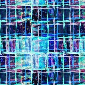 6” repeat Frozen ice party themed abstract grid aberrated in icy blues, turquoise and magenta with faux burlap woven texture
