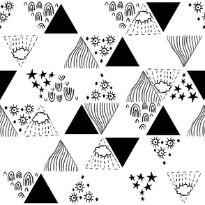 Whimsical Weather, Rainbows, Clouds, Sunshine, Minimal Line Drawings of Weather Elements, with Triangles and Diamonds  - Black and White