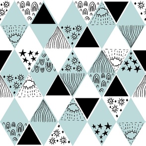 Whimsical Weather, Rainbows, Clouds, Sunshine, Minimal Line Drawings of Weather Elements, with Triangles and Diamonds  - Black and White, Light Teal Blue Green, and Warm Cream
