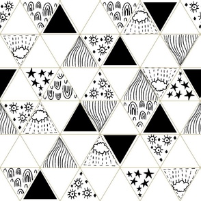 Whimsical Weather, Rainbows, Clouds, Sunshine, Minimal Line Drawings of Weather Elements, with Triangles and Diamonds  - Black and White, Diamond Outline in Beige