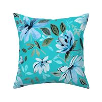 Blue Watercolor Floral On Turquoise