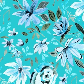 Blue Watercolor Floral On Turquoise