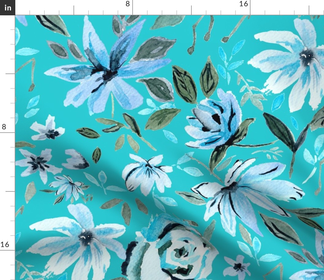 Blue Watercolor Floral On Turquoise
