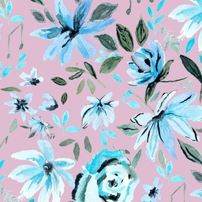 Blue  Note Watercolor Floral On Pink
