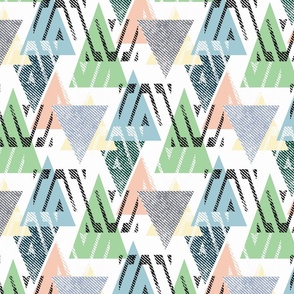 Abstract geometric pattern .Blue, green, gray triangles and black shapes on a white background.