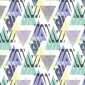 Abstract geometric pattern.Lilac, green, gray triangles and black shapes on a white background.