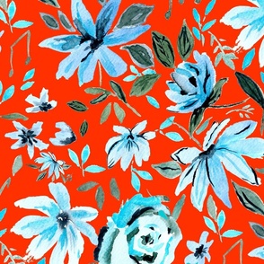Blue Note Watercolor Floral On Red